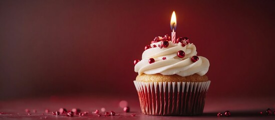 A beautifully decorated cupcake with a lit candle and red sprinkles on a dark background