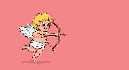 Cartoon Cupid with golden curls and wings aims his heart-shaped arrow on a pink background, embodying love and romance.