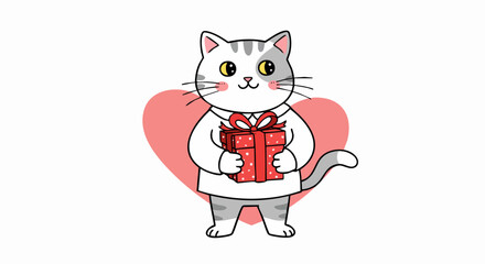 Cute cartoon cat with a red gift box, set against a heart background. Perfect for Valentine's Day themes and celebrations.