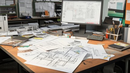 A cluttered desk with a computer monitor, papers, and office supplies.