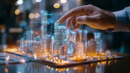 Investors Hand Interacting with Augmented Reality Skyscrapers