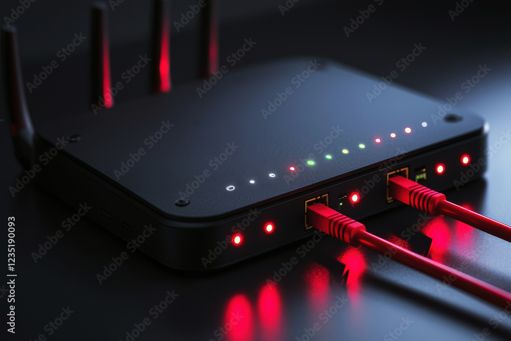 Poster detailed close-up of a sleek black router with vibrant activity lights and red network cables in a m