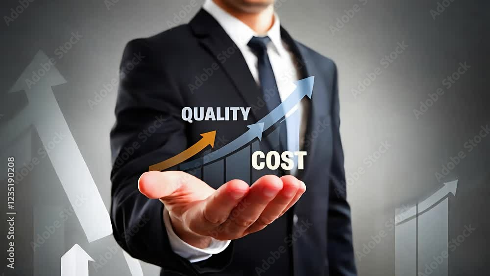 Aufkleber Boosting Efficiency: Businessman Analyzing Quality Increase and Cost Reduction Graph for Improved Product/Service Performance. Strategic Growth, Effective      