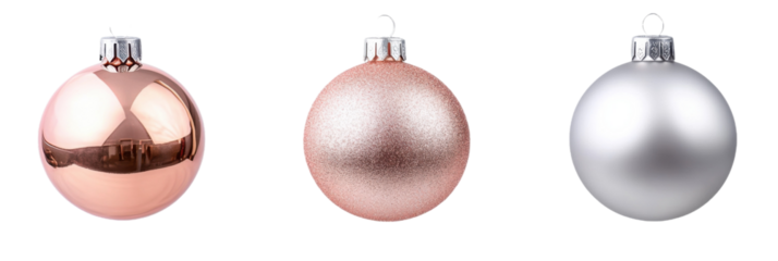 Drei elegante Weihnachtsornamente in metallischem Roségold, glitzerndem Pink und glänzendem Silber png