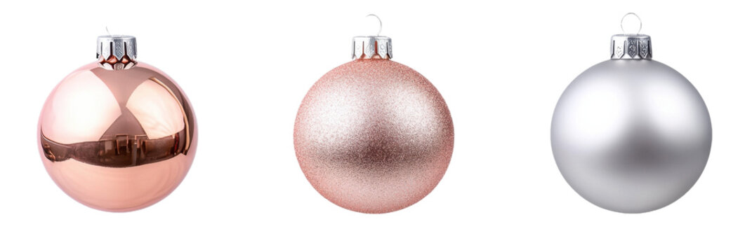 Drei elegante Weihnachtsornamente in metallischem Ros&eacute;gold, glitzerndem Pink und gl&auml;nzendem Silber png