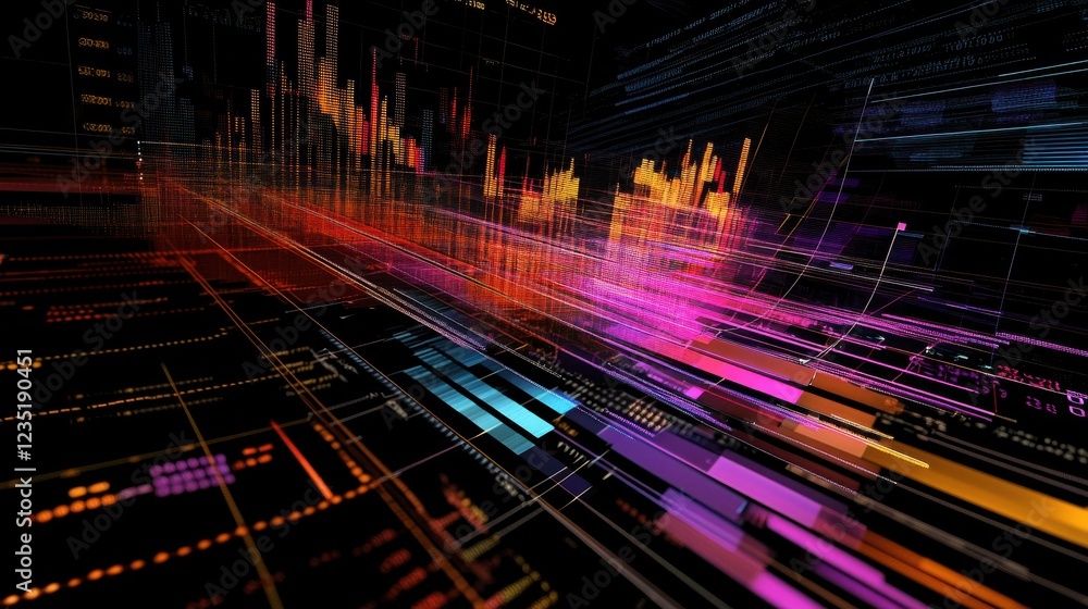 Poster abstract digital data visualization with bright color lines and graphs