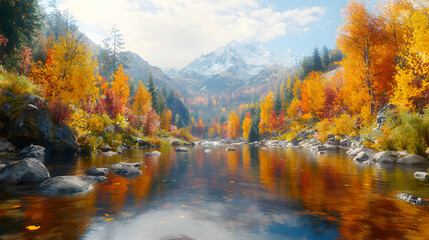 Obraz premium Autumnal mountain river valley reflection; nature background