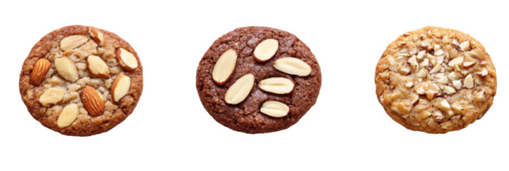 Drei köstliche Kekse mit Mandelbelag auf braunem, Schokoladen- und Haferboden png