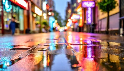 Obraz premium Vibrant Neon Signs Reflecting on a Glistening Rainy Urban Street