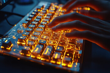 Fingers dance over glowing keys of a gaming keyboard, capturing the excitement of digital interactions and immersive gameplay