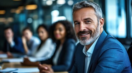 Male mature caucasian ceo businessman leader with diverse coworkers team, executive managers group at meeting. Multicultural professional businesspeople working together on research plan in boardroom