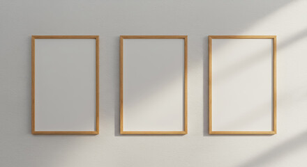 A set of three wooden-framed blank posters arranged in a row on a textured white wall