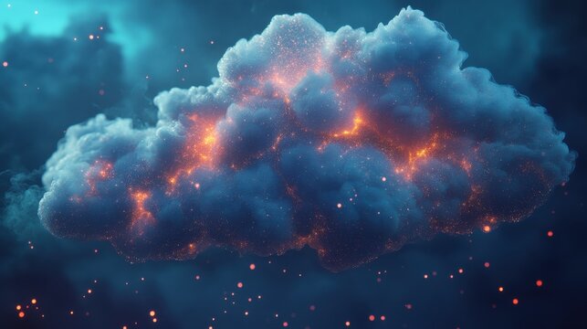 AI-generated illustration of a digital cloud with glowing spots. Cloud storage