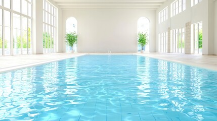 Fototapeta premium Indoor pool, bright sunlight, plants, white architecture, relaxation