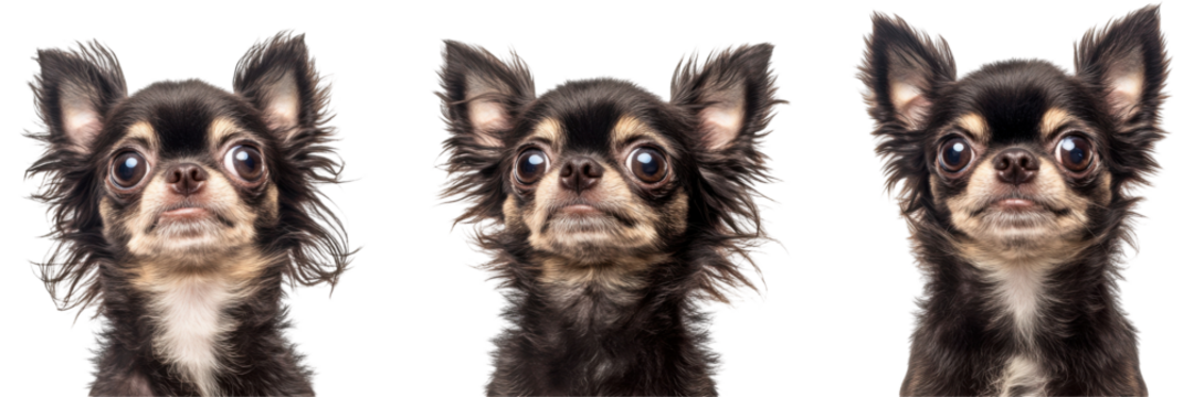 Drei entzückende langhaarige Chihuahuas blicken nach vorne auf transparentem Hintergrund png