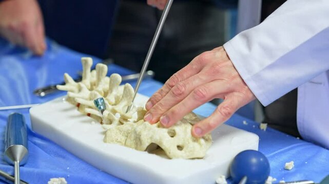 Little pieces of plastic spine dummy are cut by the medical tool. Educator demonstrates application of tools for students. Neurosurgery training.