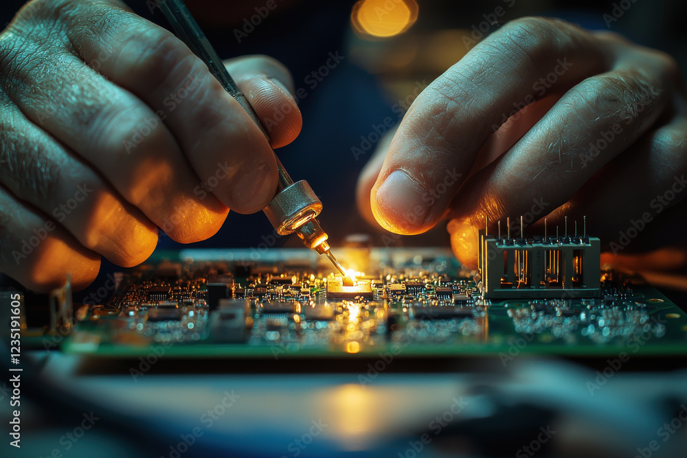Poster technician skillfully soldering a resistor onto a circuit board in a well-lit workspace with precisi