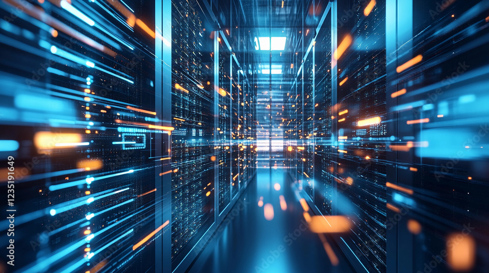 Poster spectacular view of a modern server room with illuminated racks and high-tech equipment showcasing d