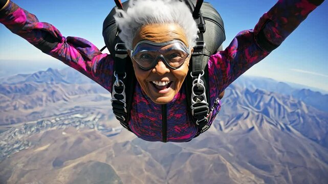 A joyful senior black woman enjoying skydiving, soaring through the sky, surrounded by majestic mountains and clear blue skies