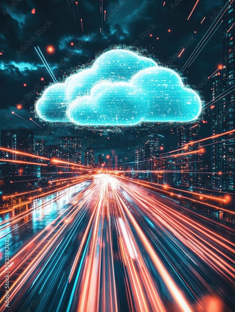 Poster cloud computing with a speeding train on a city background generative ai
