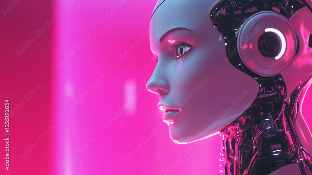 Poster futuristic robot with a sleek design and intelligent features set against a vibrant pink background 