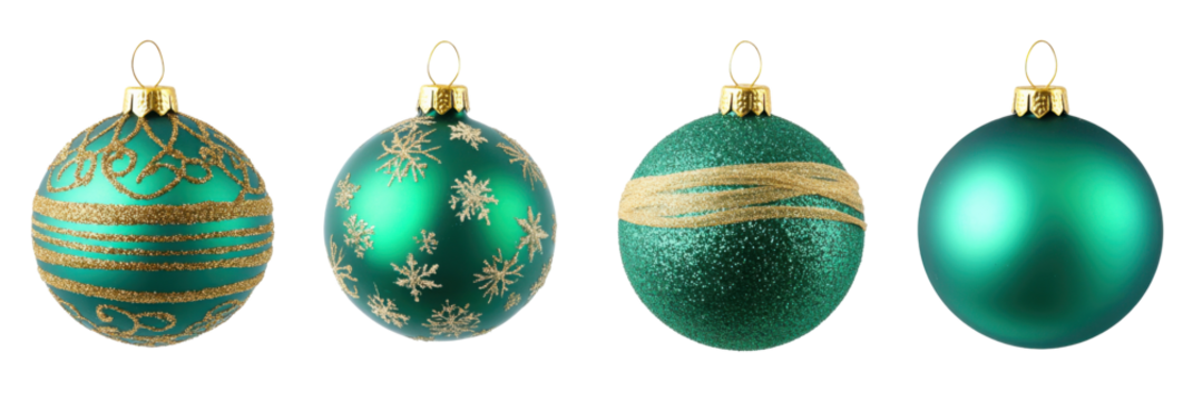 Satz von vier glitzernden grünen Weihnachtsornamenten mit goldenen Motiven und Schneeflocken png