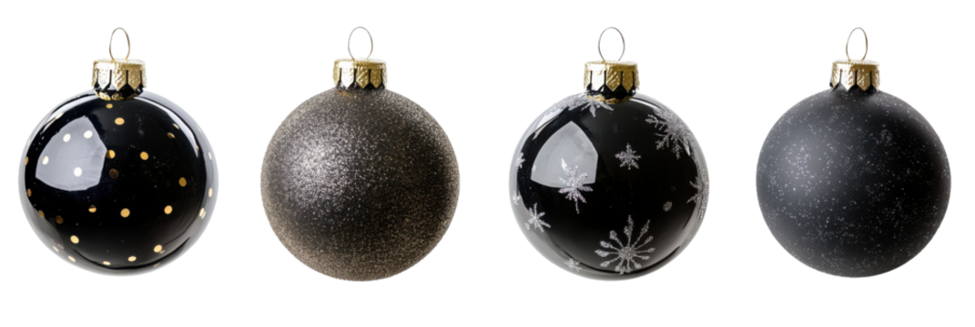 Satz von vier eleganten schwarzen Weihnachtsschmuckstücken mit verschiedenen Designs und Mustern png - Powered by Adobe