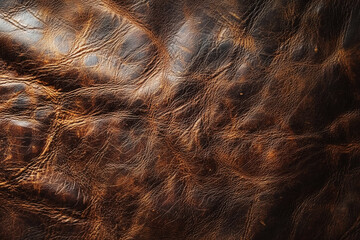 Naklejka premium Distressed leather surface showcases warm chestnut tones with scratches and fading, highlighting rustic charm and detailed texture