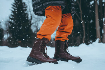 "Person Wearing Dark Brown Boots, Orange Pants, and a Black Puffer Vest Standing on Snow-Covered Ground with Legs Slightly Apart"