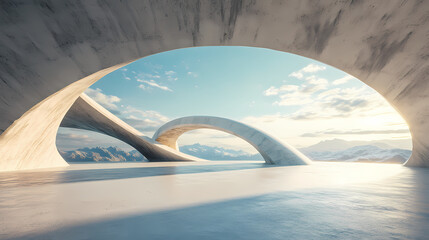 3d render of abstract curve structure futuristic architecture with empty concrete floor. Minimal Geometry. Illustration