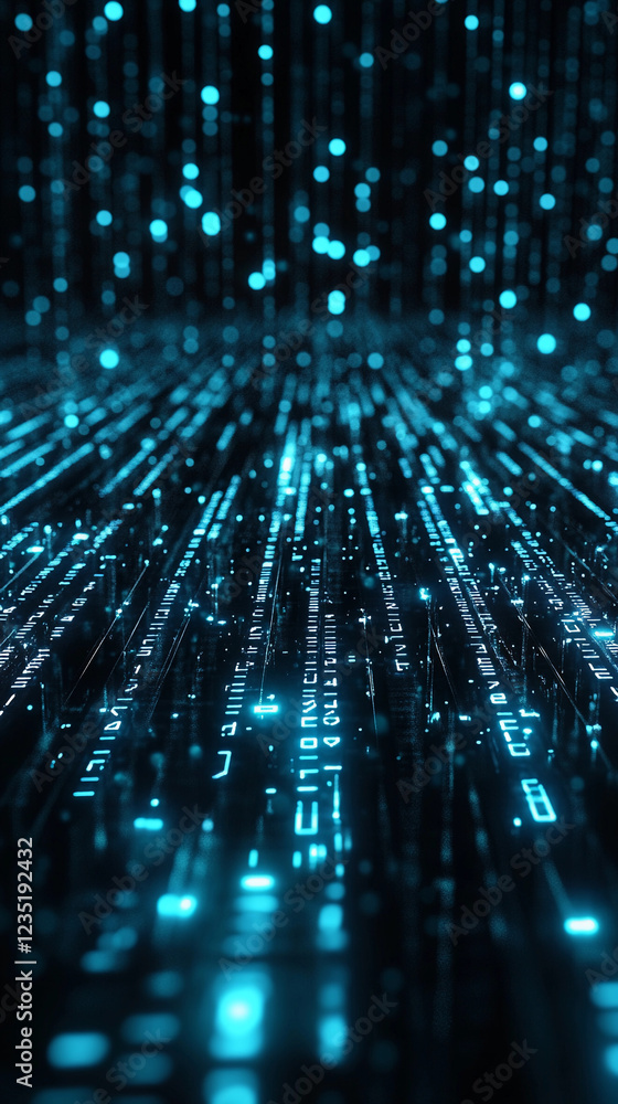 Poster abstract design featuring glowing blue numbers and lines on a dark background, creating a digital la