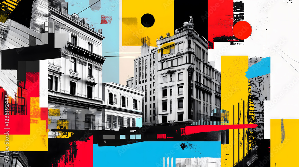 Poster bold digital collage merging architecture with vibrant color and abstract shapes in urban landscape.