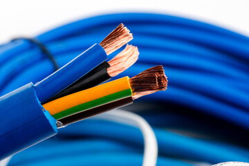 Various copper electrical wires isolated on white background. electrical wire on wire coils background