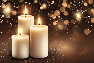 Three Burning Candles Festive Background Golden Lights