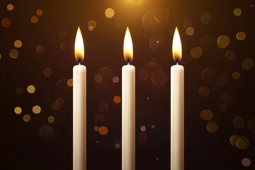 Three Lit Candles Glowing Against Dark Background with Bokeh Lights