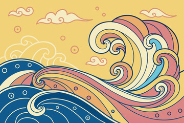 Fototapeta premium A vibrant, abstract painting featuring swirling, fluid shapes in a variety of colors, including blue, yellow, pink, and orange. The composition is dynamic, with waves and tendrils of color blending a