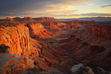 Dramatic canyon landscape at sunset showcasing vibrant red rock formations and deep shadows under golden light