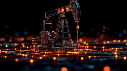 Digital representation of an oil pump jack surrounded by glowing network connections at night