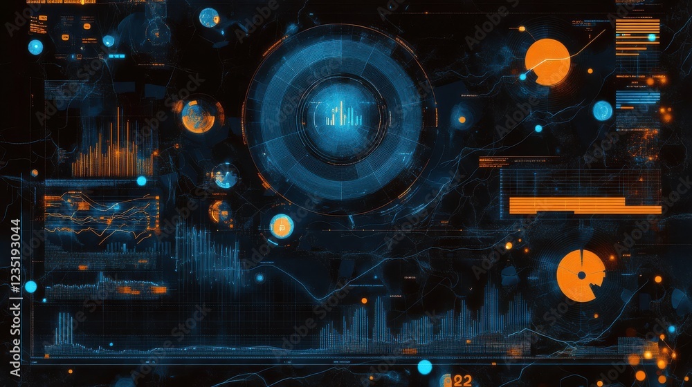 Poster futuristic digital data visualization with charts and graphs