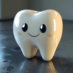 Cute cartoon style smiling tooth character with big eyes on a shiny surface