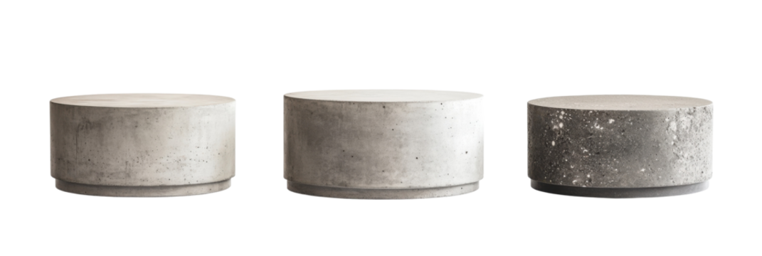 Minimalistische Zylinderhocker aus Beton im industriellen Stil in verschiedenen Texturen für moderne Innenräume png
