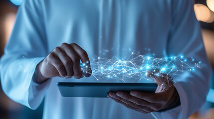 Emirati Businessman Using Tablet with AR Model Infrastructure