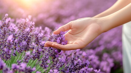 Naklejka premium Woman's hands touch lavender blossoms in a field at sunset