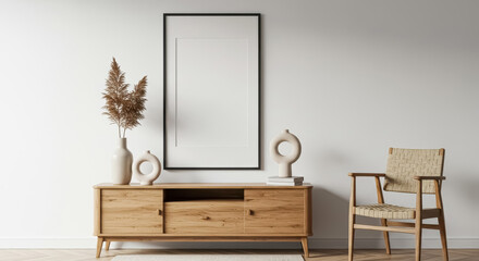 A stylish modern interior with a wooden console table and a blank black-framed poster hanging above it