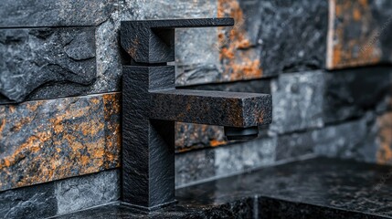 Modern black faucet on stone wall, bathroom interior design