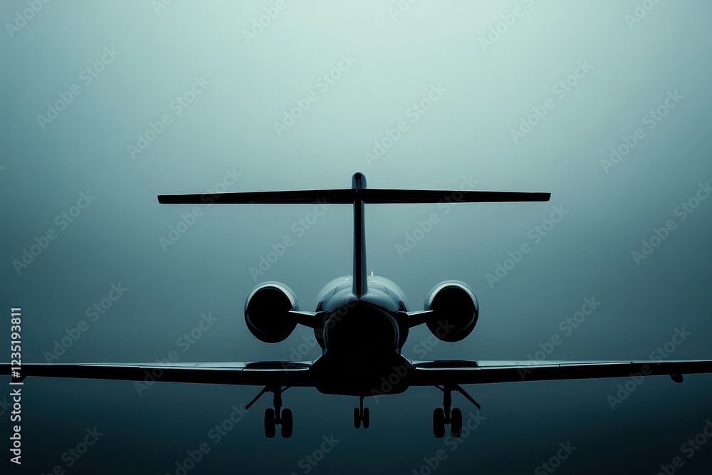 Poster silhouette of a sleek airplane flying through a foggy sky at dawn in an urban environment with quiet