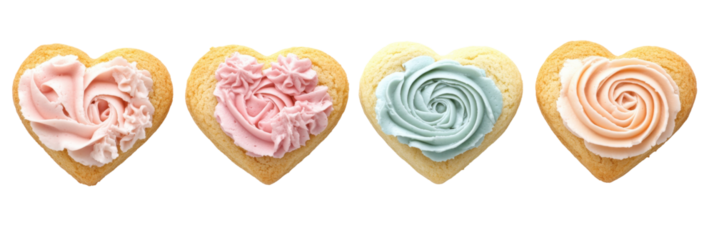 Herzförmige Kekse mit pastellfarbenen Zuckergusswirbeln in Rosa und Blau png