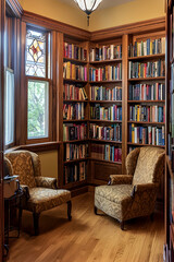 Office library corner with shelves, books, and cozy chairs