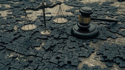 A gavel and scales of justice rest on a dark, fragmented puzzle background, symbolizing the complexities of law and decision-making.