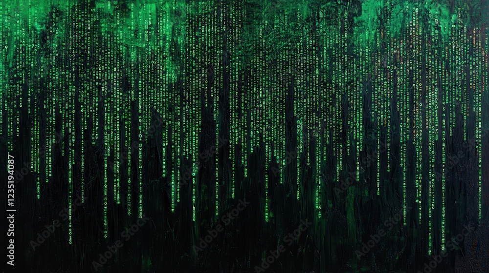 Aufkleber abstract background with green code rain on dark canvas surface
